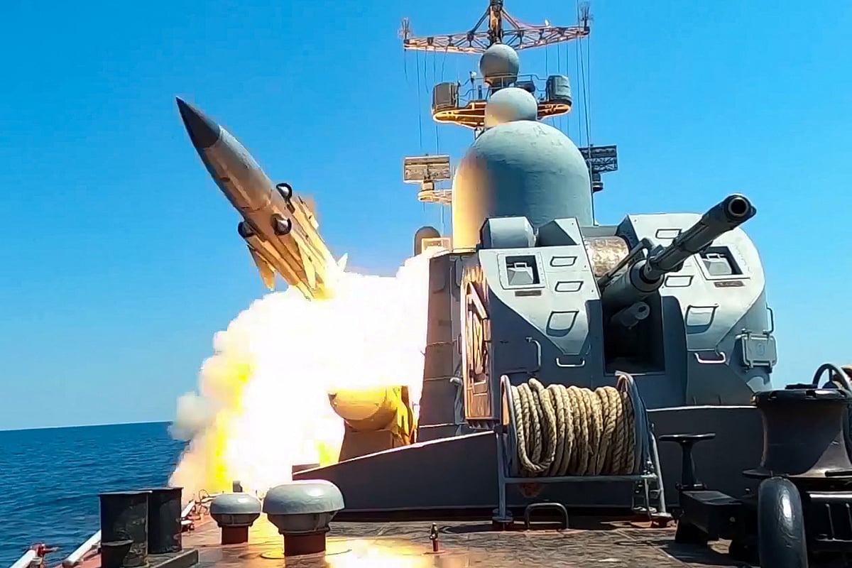 This grab taken from a handout footage released by the Russian Defence Ministry on 21 July, 2023 shows a Russian Black Sea Fleet warship firing a cruise missile during drills in the Black Sea