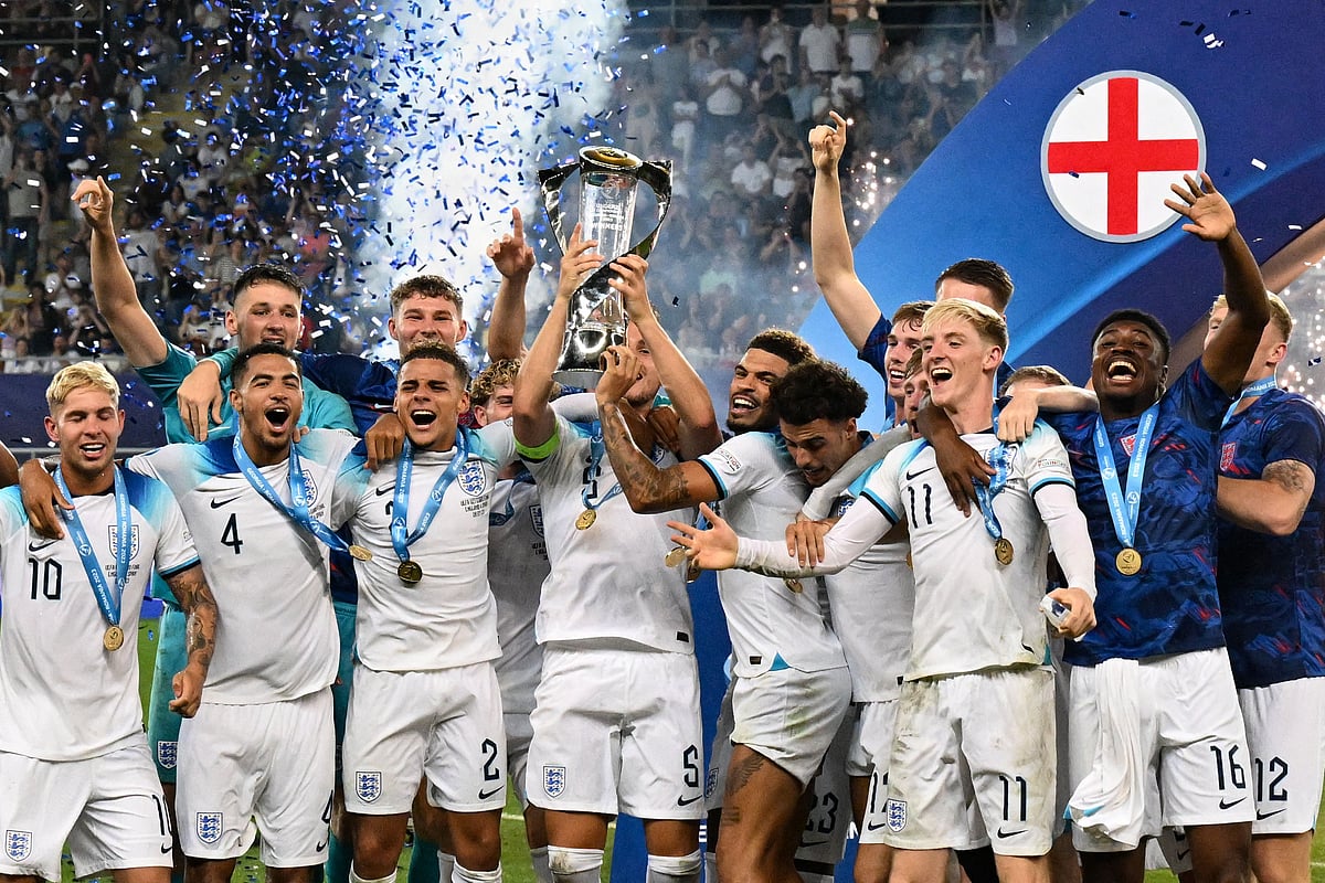 England's players celebrate with the trophy after winning the UEFA European Under-21 Championship final between England and Spain at Batumi Arena in Batumi on 8 July 2023