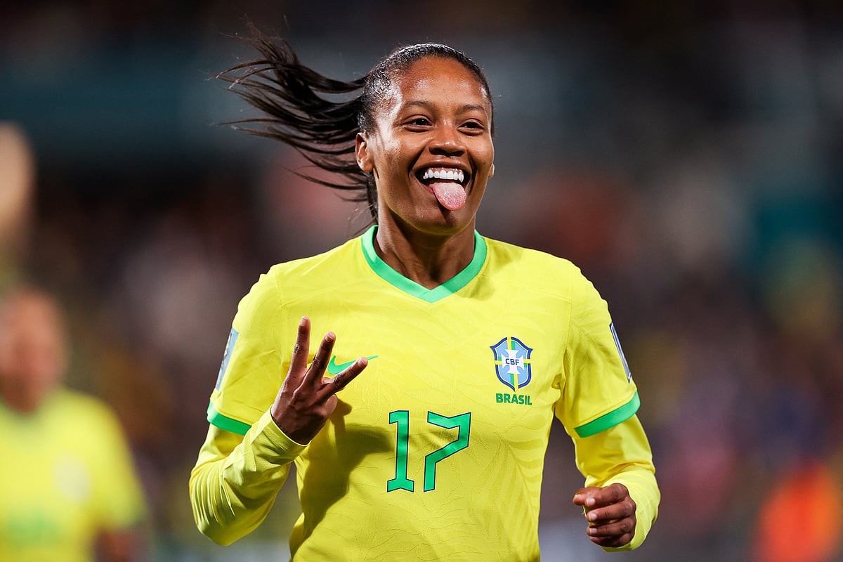 Brazil's Ary Borges celebrates scoring their fourth goal and completing a hat-trick in the Group F match Brazil v Panama in the FIFA Women’s World Cup at the Hindmarsh Stadium in Adelaide, Australia on 24 July 2023
