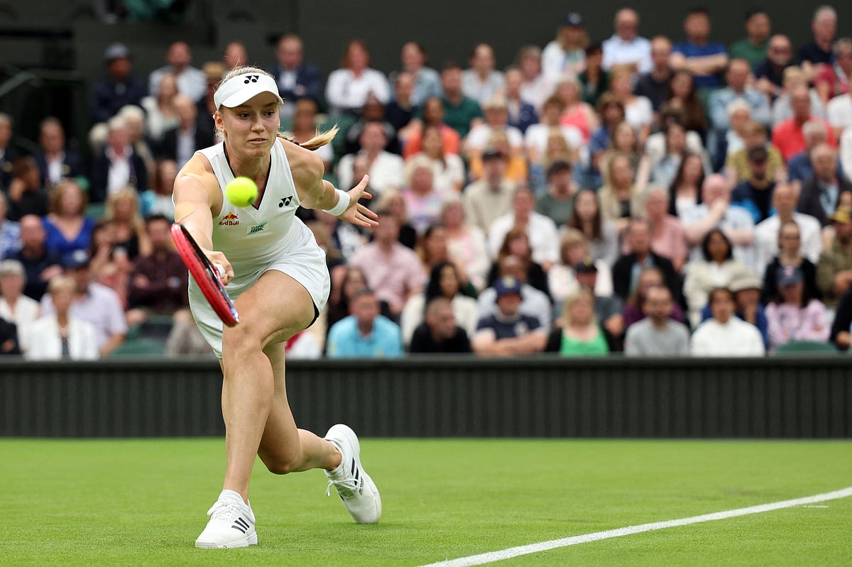Kazakhstan's Elena Rybakina returns the ball to US player Shelby Rogers during their women's singles tennis match on the second day of the 2023 Wimbledon Championships at The All England Tennis Club in Wimbledon, southwest London, on 4 July, 2023.