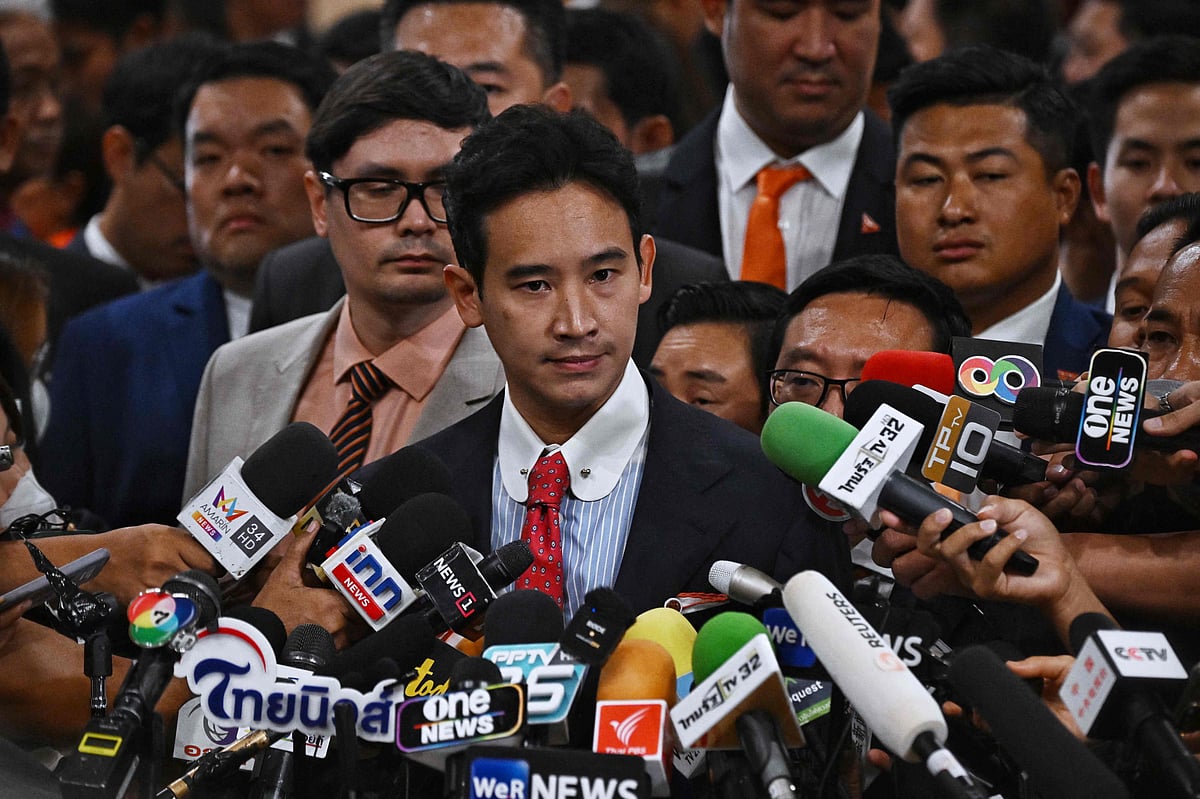 Move Forward Party Leader and prime ministerial candidate Pita Limjaroenrat speaks to the media in Thai Parliament after the parliamentary vote for the premiership in Bangkok on July 13, 2023