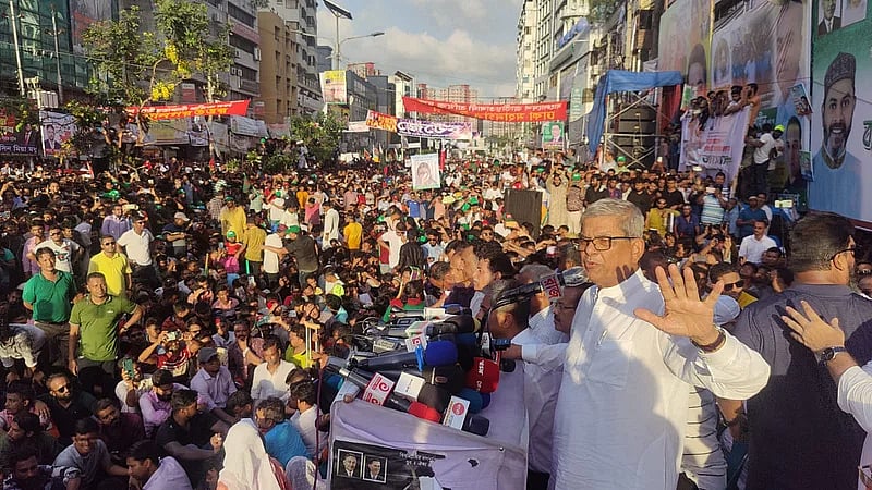 BNP secretary general Mirza Fakhrul Islam Alamgir speaks as chief guest at the grand rally at Naya Paltan, Dhaka, on 28 July 2023