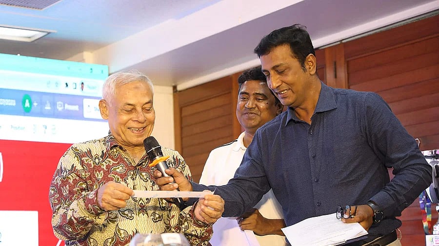 Former Bangladesh footballer and coach Golam Sarwar Tipu during the draw of the 1st Ispahani-Prothom Alo Inter University Football at the Hotel Sonargaon, Dhaka on 9 July 2023