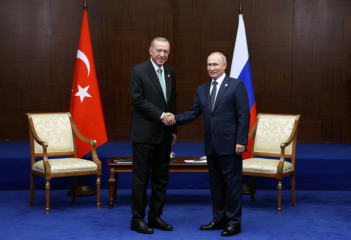 Russian President Vladimir Putin and Turkish President Tayyip Erdogan meet on the sidelines of the 6th summit of the Conference on Interaction and Confidence-building Measures in Asia (CICA), in Astana, Kazakhstan October 13, 2022.