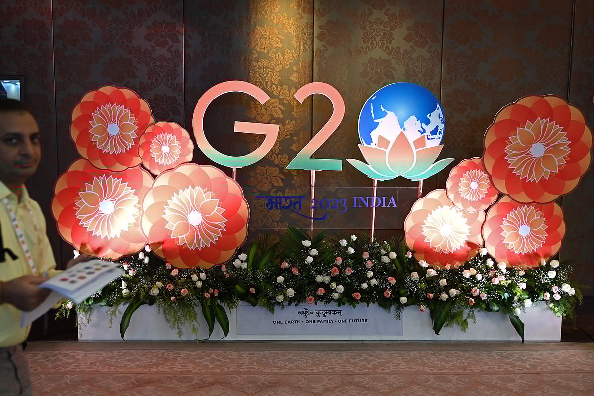 A man walks through the venue of G20 environment and climate sustainability working group meeting in Chennai on 27 July, 2023