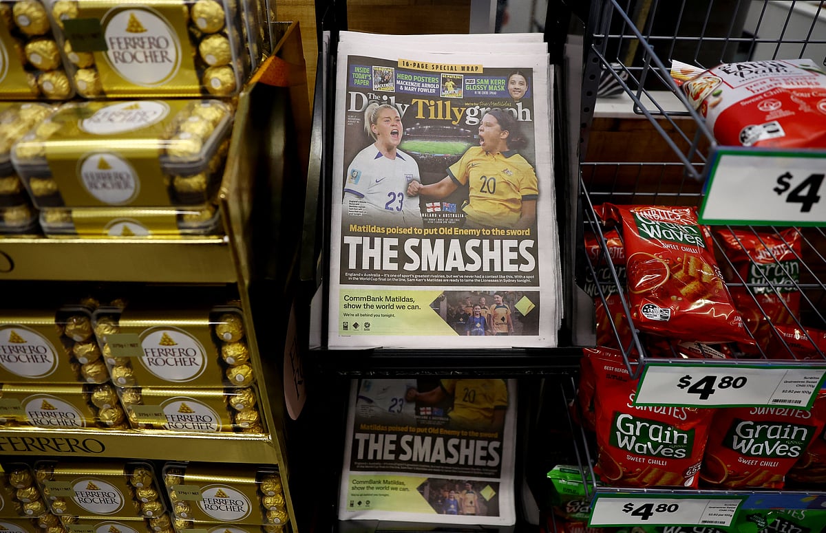 General view of a newspaper in a shop in Sydney ahead of the semifinal match of the FIFA Women's World Cup between England and Australia in Sydney 16 August 2023