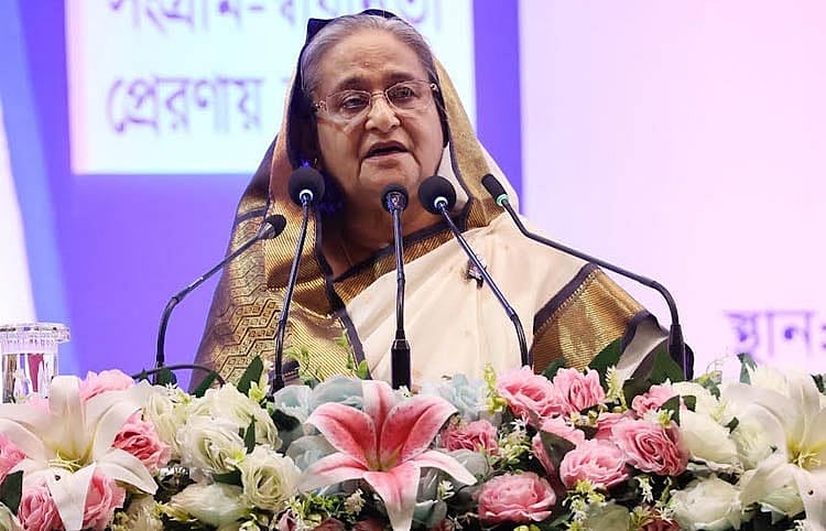 Prime minister Sheikh Hasina speaks at an award distribution event in Dhaka on 8 August, 2023.
