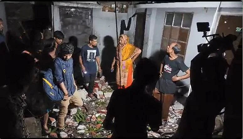 During an explosion in a flat in Narayanganj, the wall collapsed down on nearby tin-roofed residence, causing damages on 13 August, 2023.