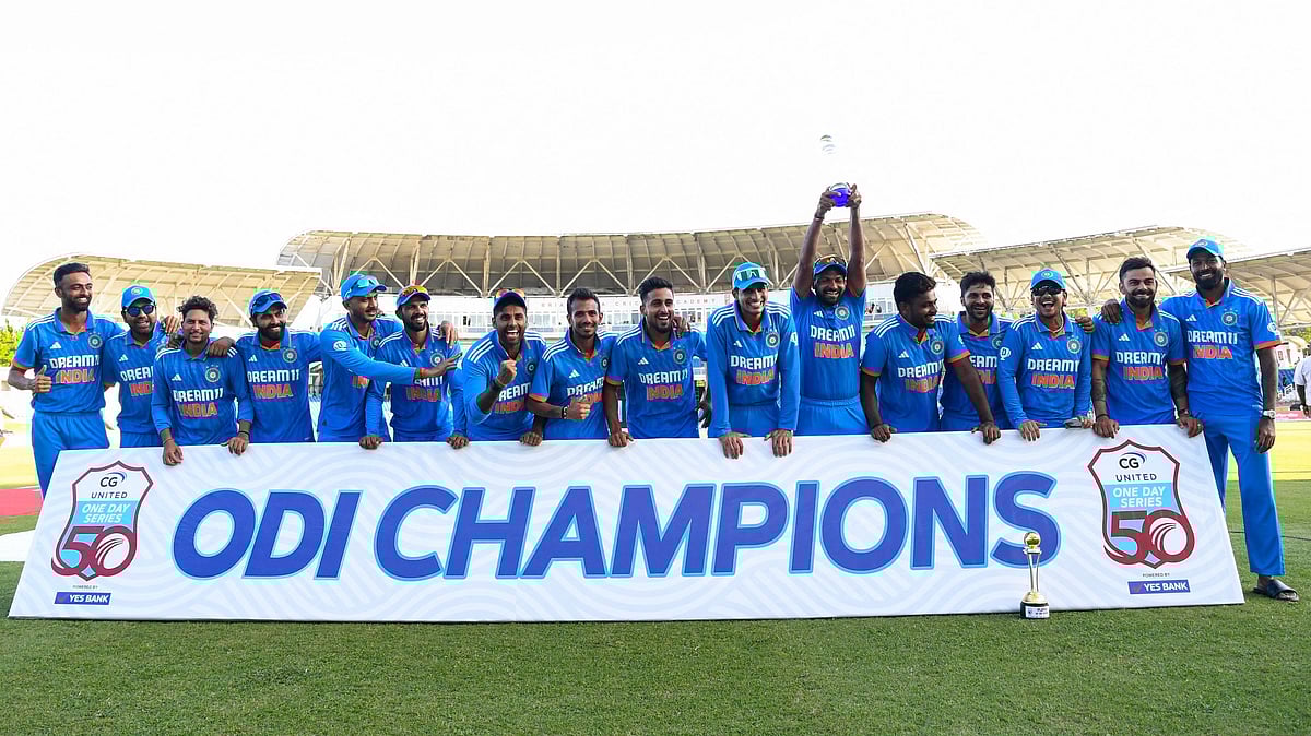 India cricketers pose after winning the 3rd and final ODI match between the West Indies and India at Brian Lara Cricket Academy in Tarouba, Trinidad and Tobago, on 1 August 2023