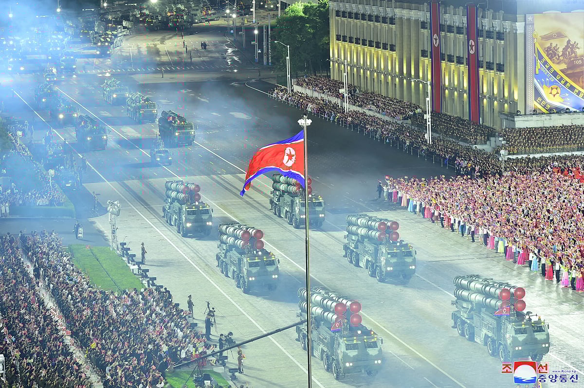A view of missile launchers displayed during a military parade to commemorate the 70th anniversary of the Korean War armistice in Pyongyang, North Korea, July 27, 2023, in this image released by North Korea's Korean Central News Agency