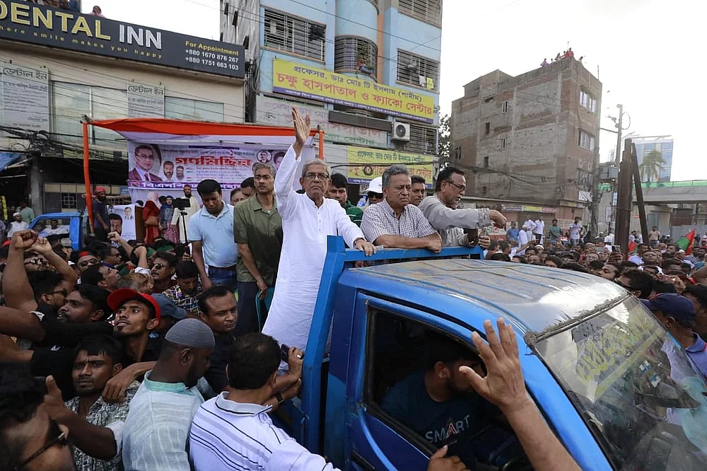 BNP secretary general Mirza Fakhrul at a brief rally in Dhaka on 18 August, 2023.