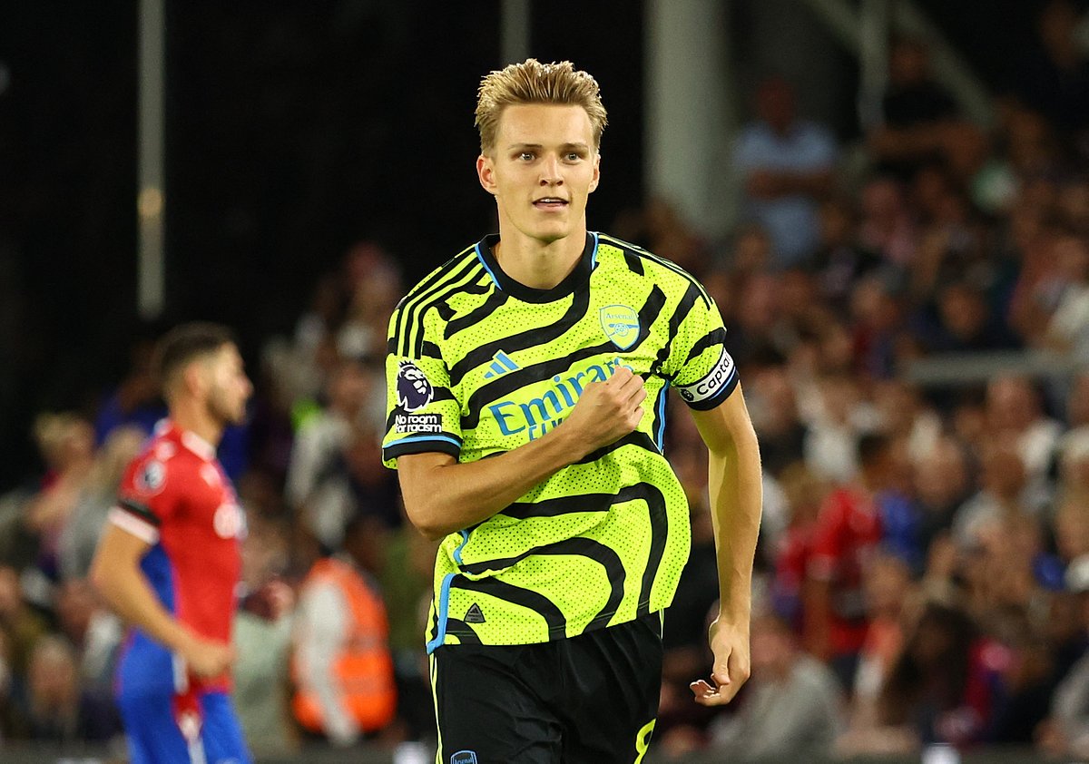 Arsenal's Martin Odegaard celebrates scoring their first goal in the English Premier League match against Crystal Palace at the Selhurst Park, London, Britain on 21 August 2023