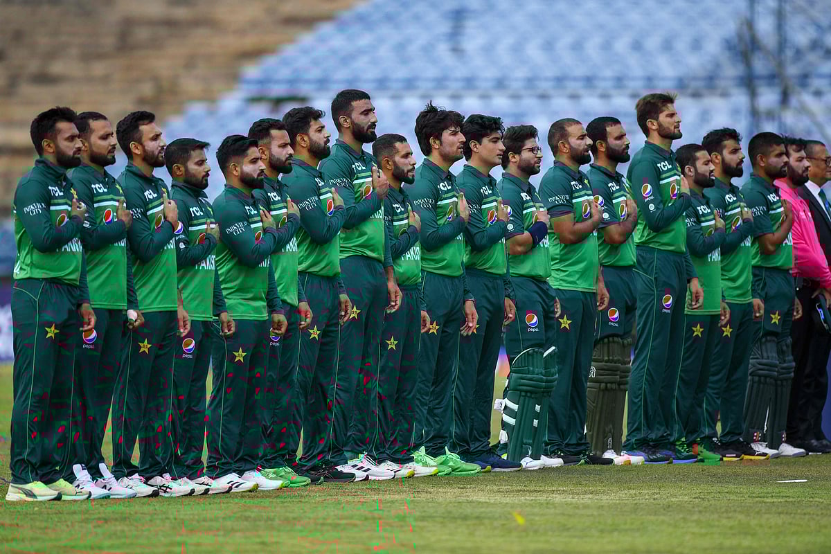 Pakistan's players stand for the national anthem before the start of the first one-day international (ODI) cricket match between Pakistan and Afghanistan at the Mahinda Rajapaksa International Cricket Stadium in Hambantota on 22 August, 2023