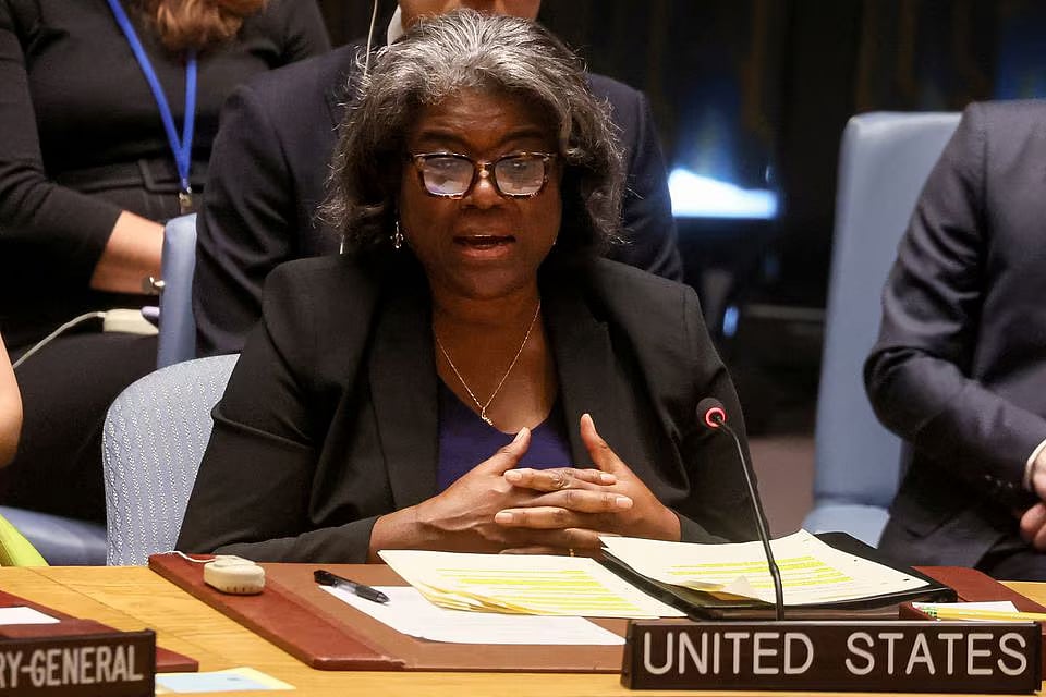US Ambassador to the United Nations Linda Thomas-Greenfield addresses the UN Security Council meeting on the situation in Ukraine, at the UN headquarters in New York City, US, on 17 July, 2023.