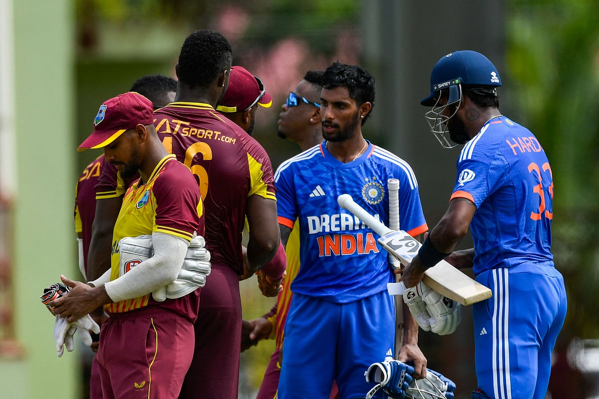 Tilak Varma and Hardik Pandya of India after winning the third T20I between India and West Indies at Guyana National Park in Georgetown, Guyana on 8 August 2023