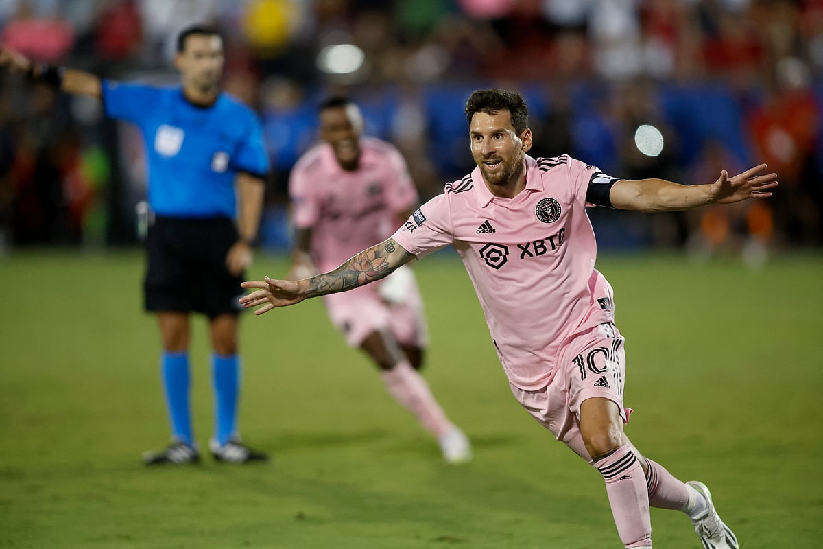 Inter Miami CF forward Lionel Messi reacts after scoring in the second half against FC Dallas at Toyota Stadium at Frisco, Texas, USA on 6 August 2023