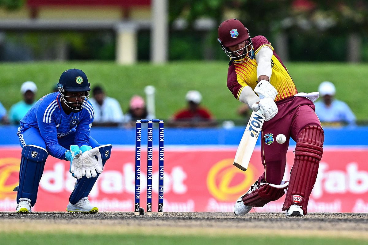 Brandon King, of West Indies hits a six during the fifth and final T20I match between West Indies and India at the Central Broward Regional Park in Lauderhill, Florida, on August 13, 2023