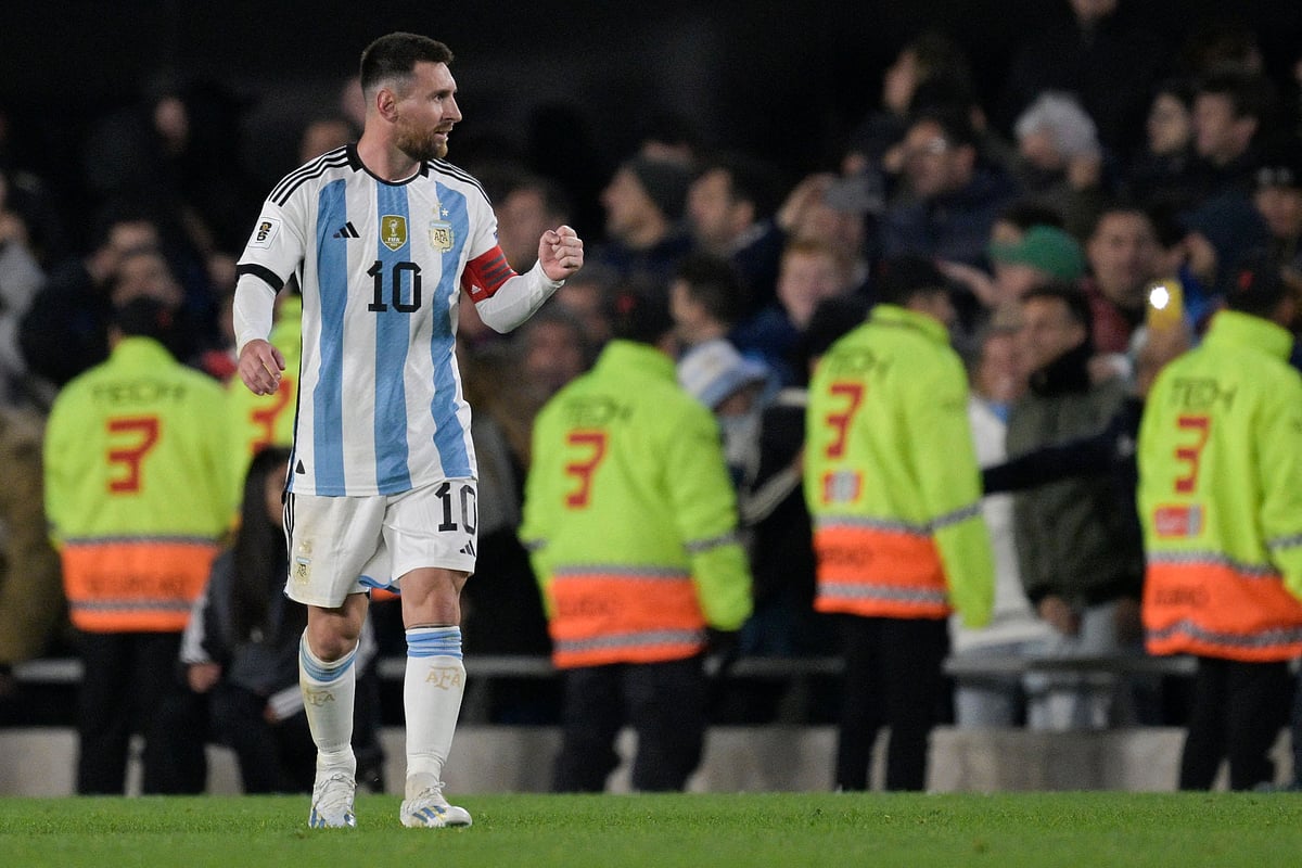 Argentina's forward Lionel Messi celebrates after scoring a goal during the 2026 FIFA World Cup South American qualifiers match between Argentina and Ecuador at the Mas Monumental stadium in Buenos Aires on 7 September 2023
