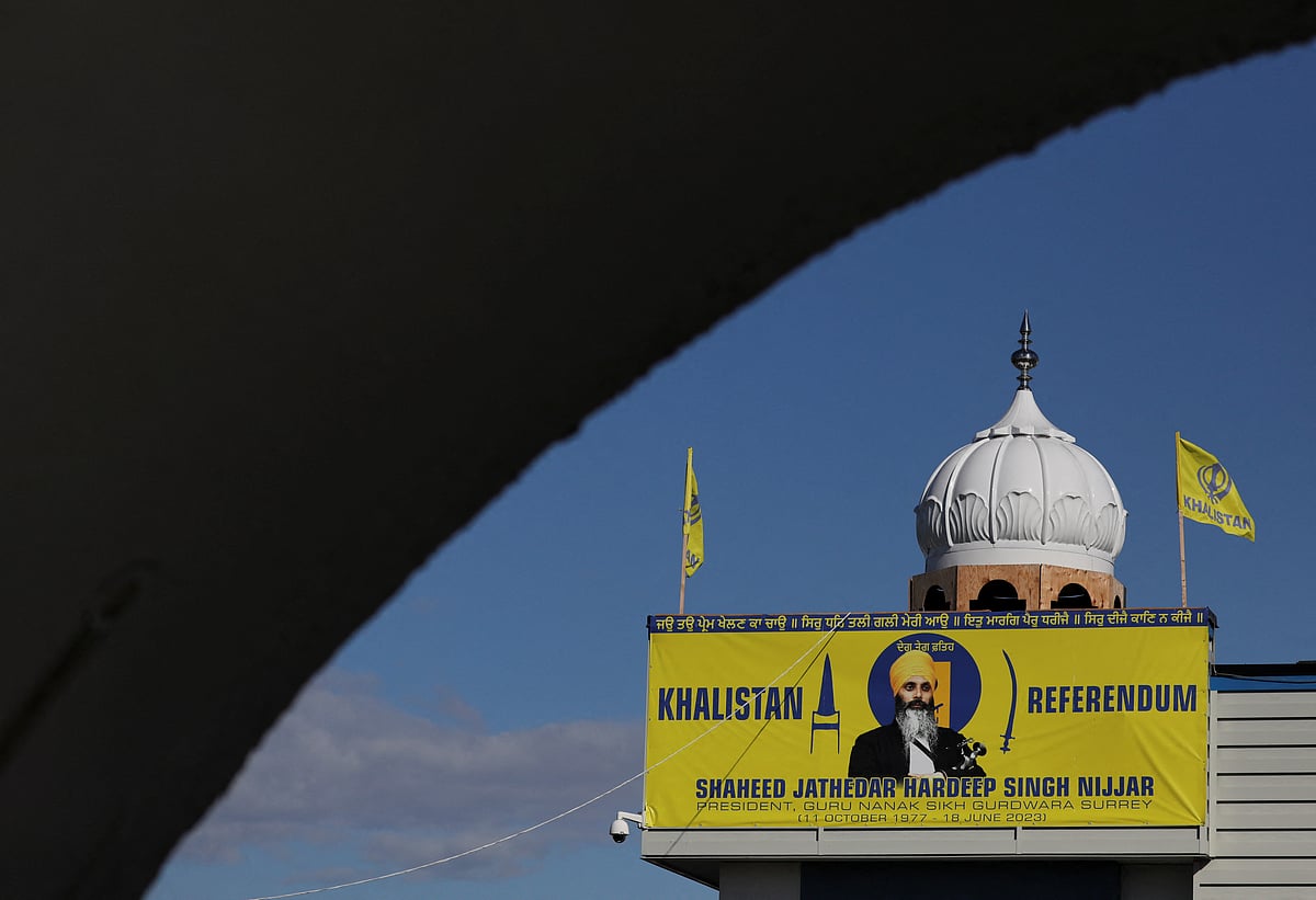 A banner with the image of Sikh leader Hardeep Singh Nijjar is seen at the Guru Nanak Sikh Gurdwara temple, site of his June 2023 killing, in Surrey, British Columbia, Canada on 20 September, 2023