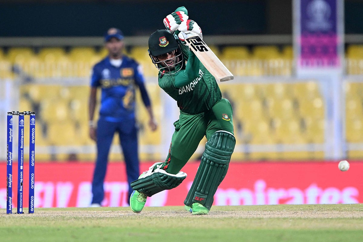 Bangladesh’s Mehidy Hasan Miraz plays a shot during a warm-up match between Bangladesh and Sri Lanka ahead of the ICC Men’s Cricket World Cup, at the Assam Cricket Association Stadium in Guwahati on September 29, 2023.
