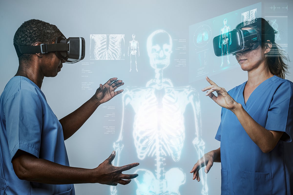Doctors wearing vr simulation with hologram medical technology