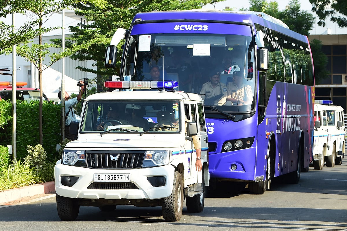 Pakistan's team bus is escorted by security vehicles as they depart upon landing at the airport in Ahmedabad on October 11, 2023, ahead of the 2023 ICC Men's Cricket World Cup one-day international (ODI) match between India and Pakistan