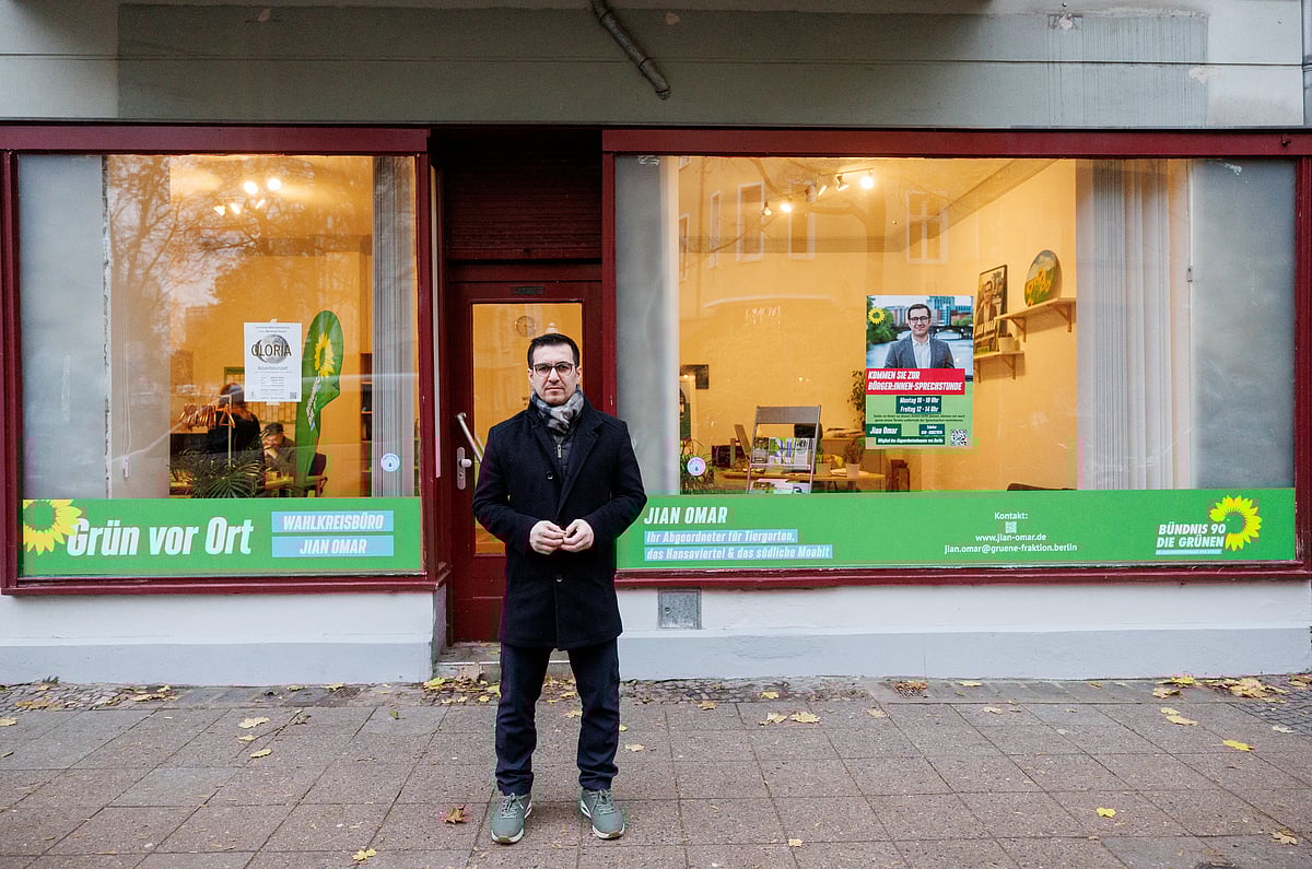 Jian Omar, a German politician of Kurdish-Syrian background, stands in front of his constituency office that has been attacked three times since October 7, amid the ongoing conflict between Israel and the Palestinian Islamist group Hamas, in Berlin, Germany, November 27, 2023