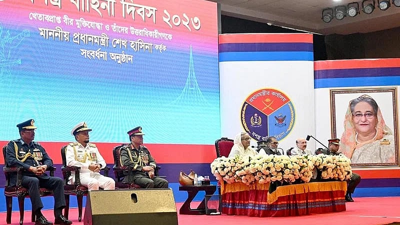 Prime minister Sheikh Hasina at the felicitation ceremony of selected freedom fighters and their heirs who won titles in the liberation war at the Army Multipurpose Complex in Dhaka Cantonment on 21 November, 2023