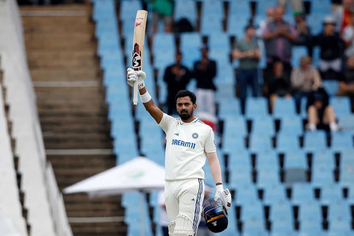 India's KL Rahul celebrates after scoring a century (100 runs) during the second day of the first cricket Test match between South Africa and India at SuperSport Park in Centurion on December 27, 2023