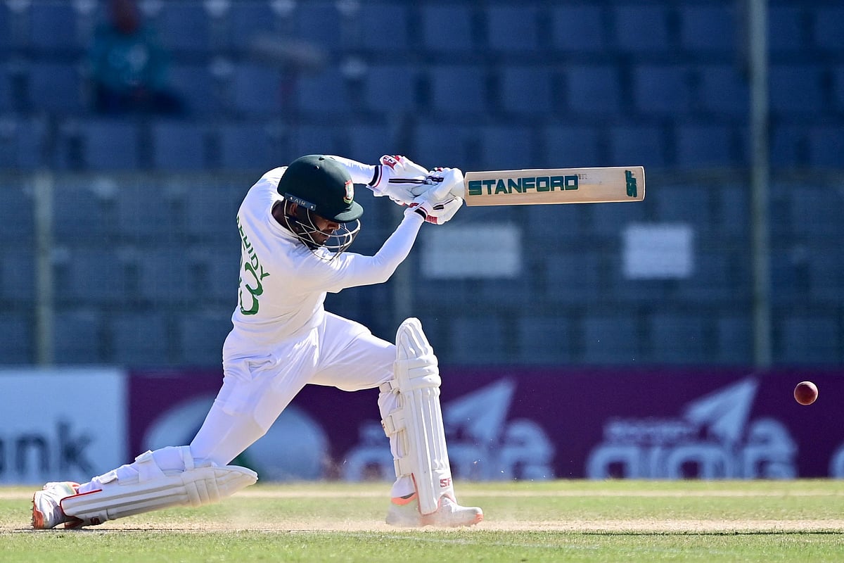 Bangladesh’s Mehidy Hasan Miraz plays a shot during the fourth day of the first Test cricket match between Bangladesh and New Zealand at the Sylhet International Cricket Stadium in Sylhet on 1 December, 2023