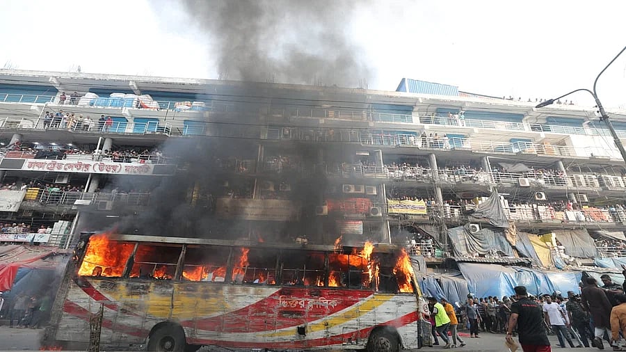 A bus is burning at Gulistan of Dhaka on 3 December, 2023