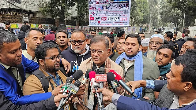 Newly appointed Foreign Minister Hasan Mahmud speaks to the media in Dhaka on 12 January, 2024.