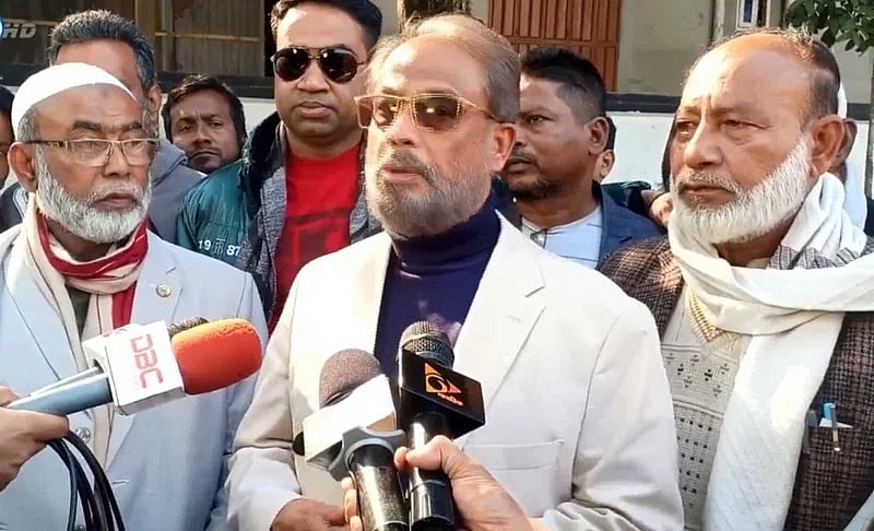 Jatiya Party chairman GM Quader talks to the media while talking to the newspersons during visiting a polling centre in Rangpur-3 constituency on 7 January in 2023