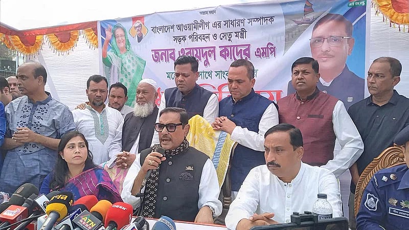 General Secretary of ruling Awami League and Road Transport and Bridges Minister Obaidul Quader talks to the media in Daganbhuiyan, Feni on 26 February in 2023