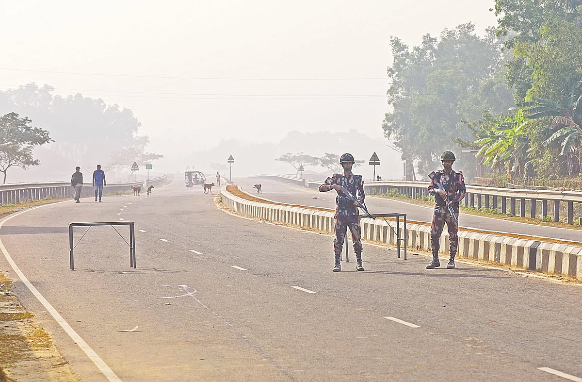 BGB members patrol on the Bangladesh-Myanmar Friendship Highway in the Ghundhum border of Naikhongchhari in Bandarban on 13 February 2024.