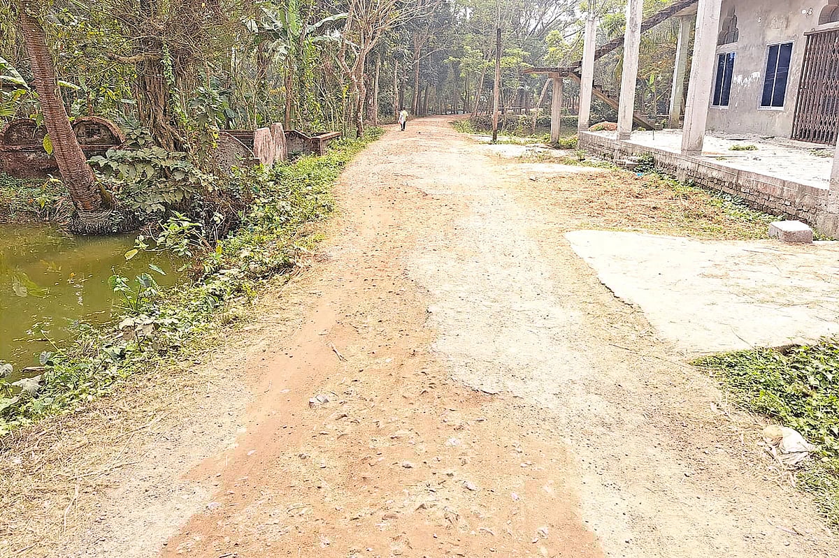 A dilapidated road in Moallabazar of Dashmina upazila, Patuakhali on 6 February 2024.