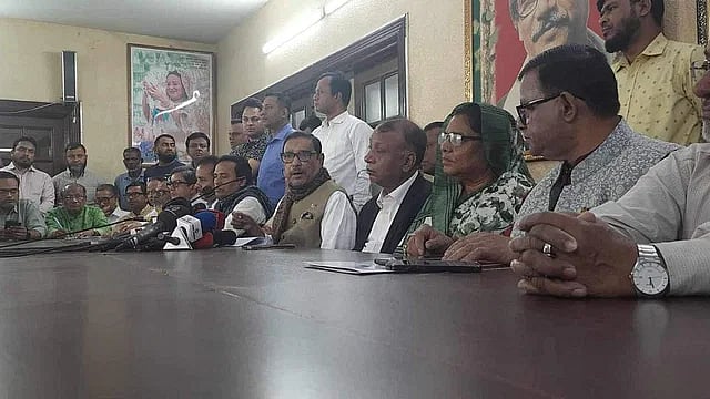 Awami League general secretary Obaidul Quader speaking to the newspersons at the political office of the Awami League President in city's Dhanmondi area.
