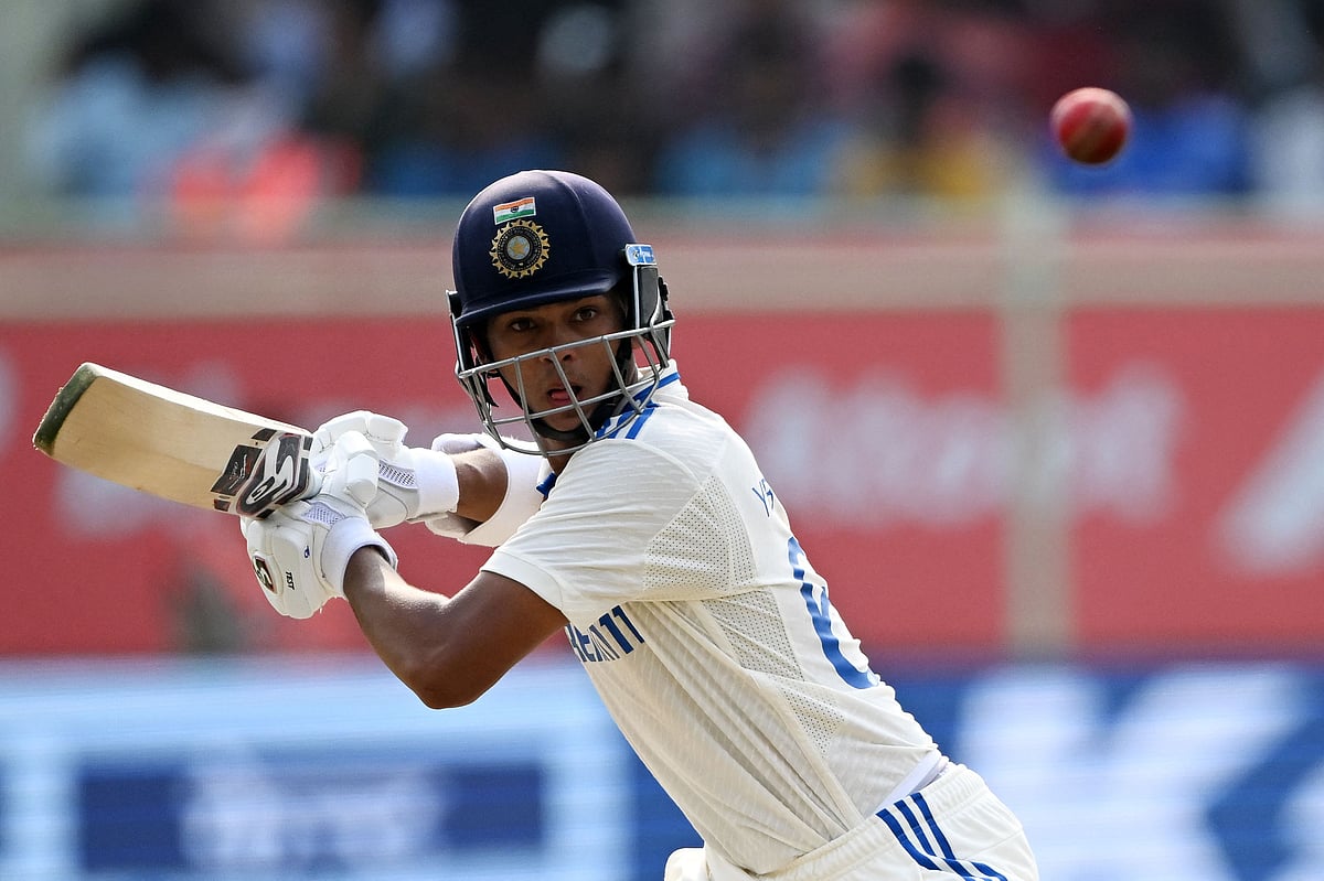 India’s Yashasvi Jaiswal plays a shot during the first day of the second Test cricket match between India and England at the Y.S. Rajasekhara Reddy cricket stadium in Visakhapatnam on 2 February, 2024