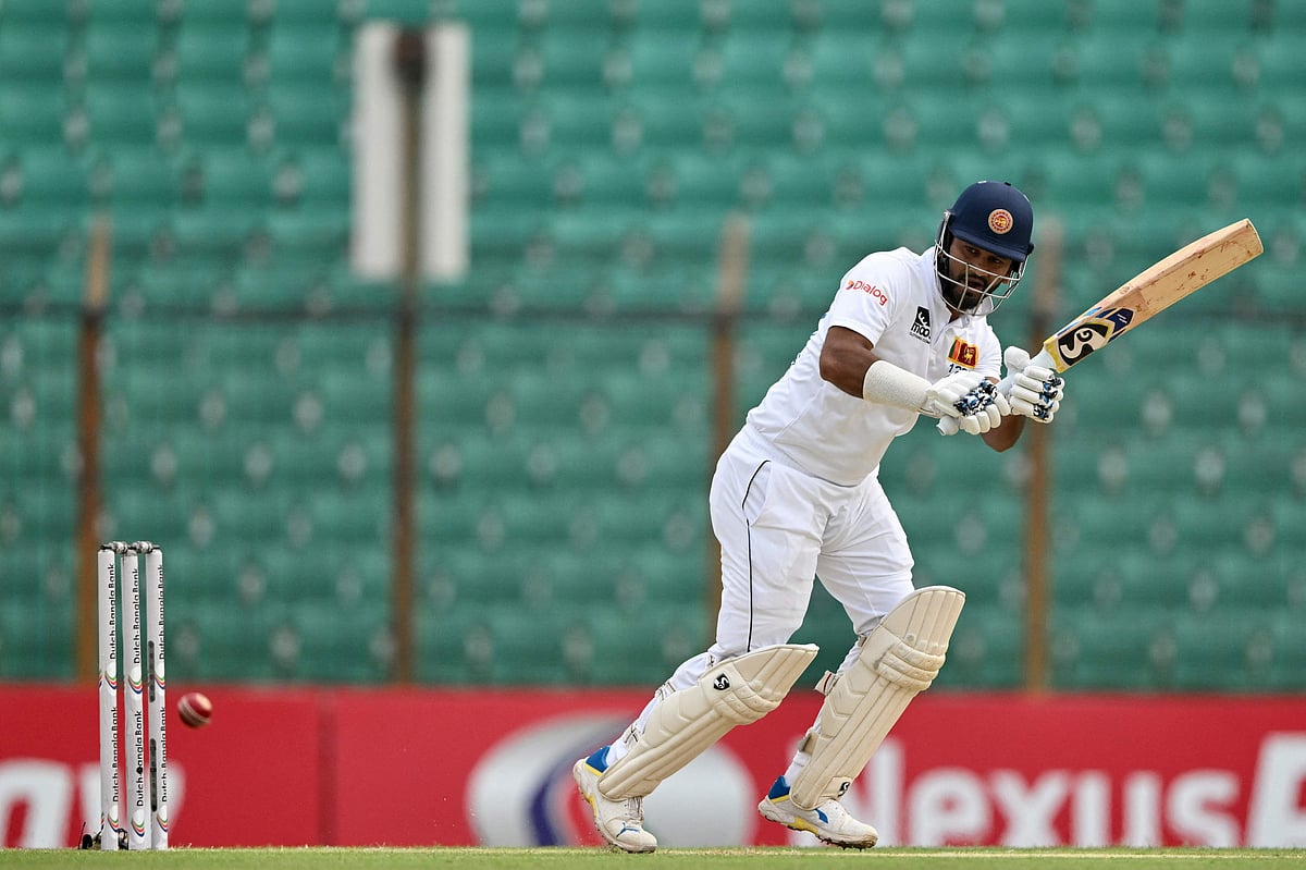 Sri Lanka’s Dimuth Karunaratne plays a shot during the first day of the second Test cricket match between Bangladesh and Sri Lanka at the Zahur Ahmed Chowdhury Stadium in Chittagong on 30 March, 2024