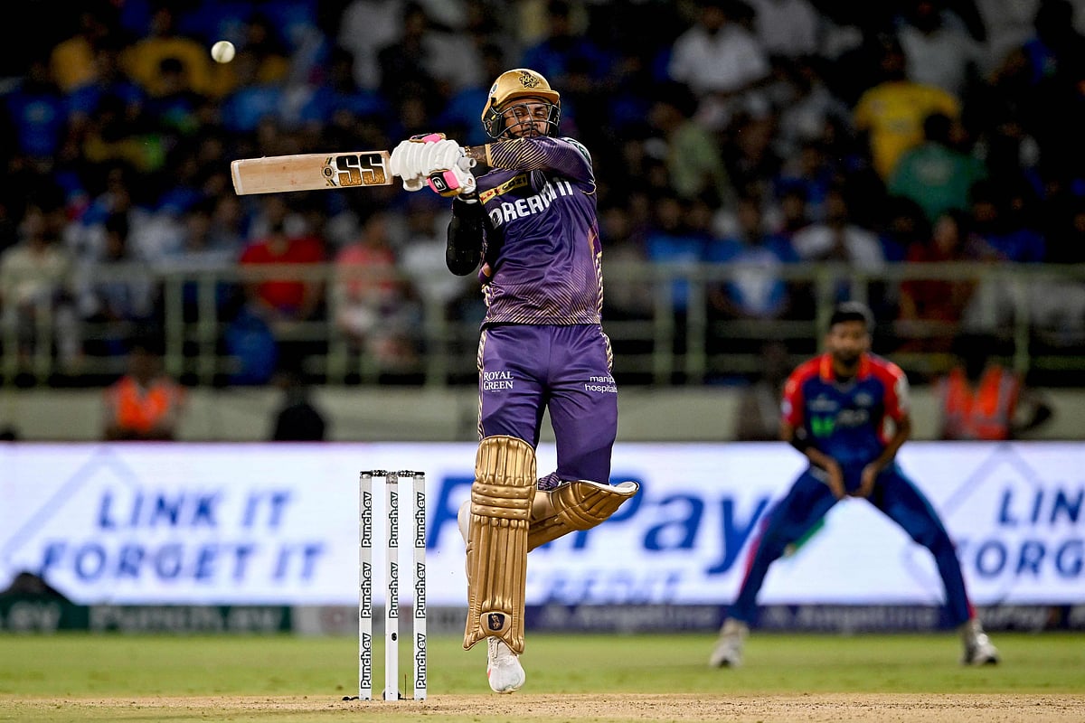 Kolkata Knight Riders’ Sunil Narine plays a shot during the Indian Premier League (IPL) Twenty20 cricket match between Delhi Capitals and Kolkata Knight Riders at the Y.S. Rajasekhara Reddy cricket stadium in Visakhapatnam on 3 April, 2024