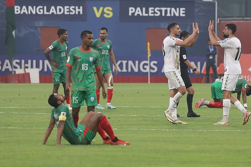 Bangladesh football team after being defeated by Palestine in Dhaka.