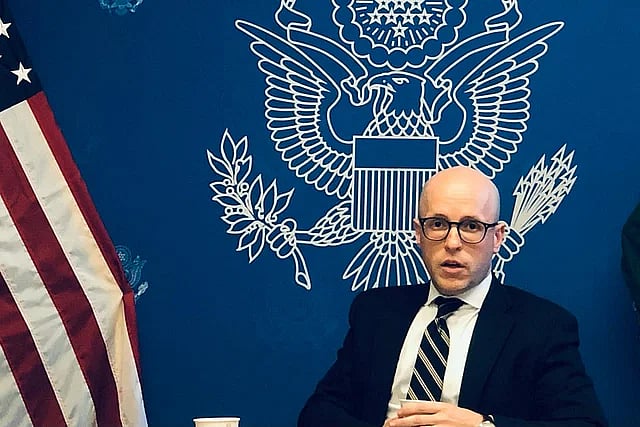 Maxwell Martin, the political officer of the US embassy in Dhaka, speaks at a press briefing at the embassy on 25 April 2024.