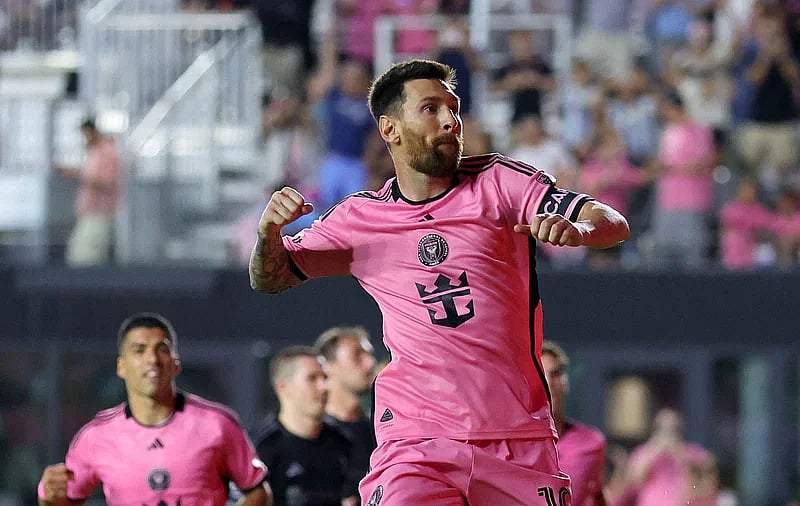 Inter Miami's Argentine forward #10 Lionel Messi celebrates after scoring a penalty during the MLS football match between Inter Miami FC and Nashville SC at Chase Stadium in Fort Lauderdale, Florida, on 20 April, 2024.