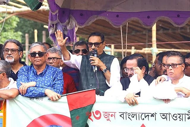 Obaidul Quader addresses  a rally in Dhaka on 21 June, marking his party's 75th founding anniversary.