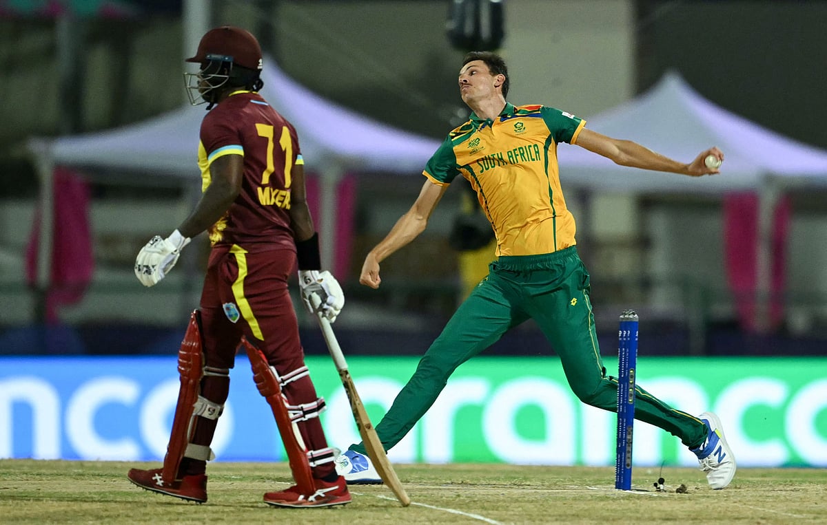 outh Africa's Marco Jansen (R) bowls as West Indies' Kyle Mayers (L) looks on during the ICC men's Twenty20 World Cup 2024 Super Eight cricket match between West Indies and South Africa at Sir Vivian Richards Stadium in North Sound, Antigua and Barbuda on 23 June 2024.