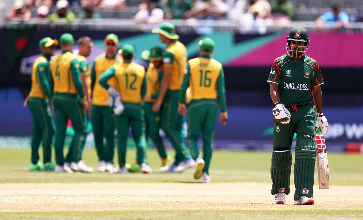 ajmul Hossain Shanto of Bangladesh makes his way off after being dismissed during the ICC Men's T20 Cricket World Cup West Indies & USA 2024 match between South Africa and Bangladesh at Nassau County International Cricket Stadium on June 10, 2024 in New York, New York.