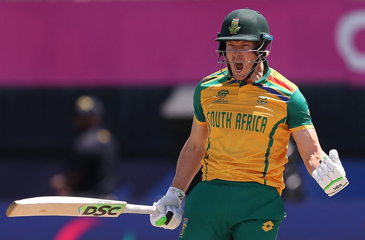 David Miller of South Africa celebrates following the team's victory with Netherlands at Nassau County International Cricket Stadium on 8 June, 2024 in New York.