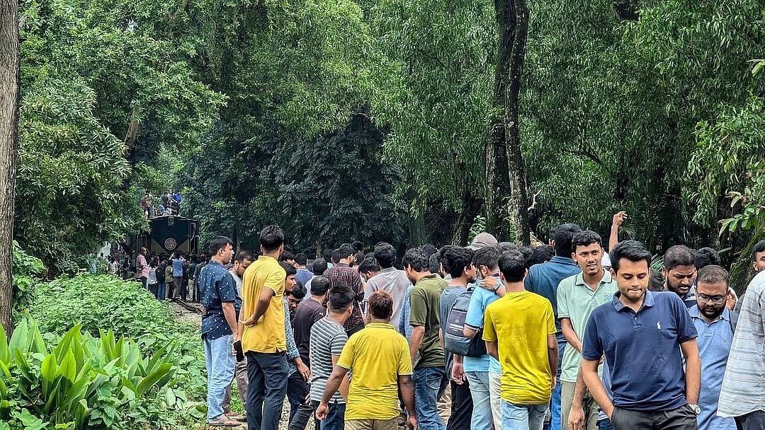 Protesting students block a commuter train on the Bangladesh Agricultural University campus on 3 July 2024.