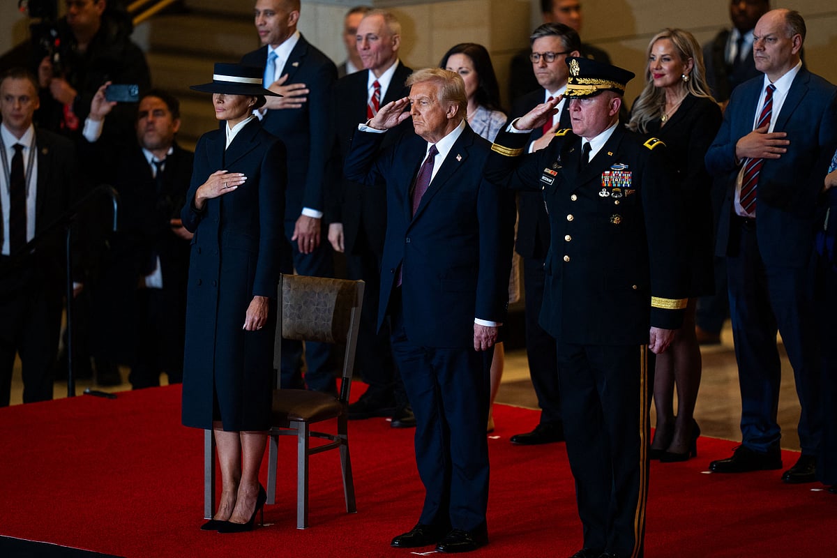 US President Donald Trump reviews the troops in Emancipation Hall during inauguration ceremonies at the US Capitol in Washington, on 20 January 2025