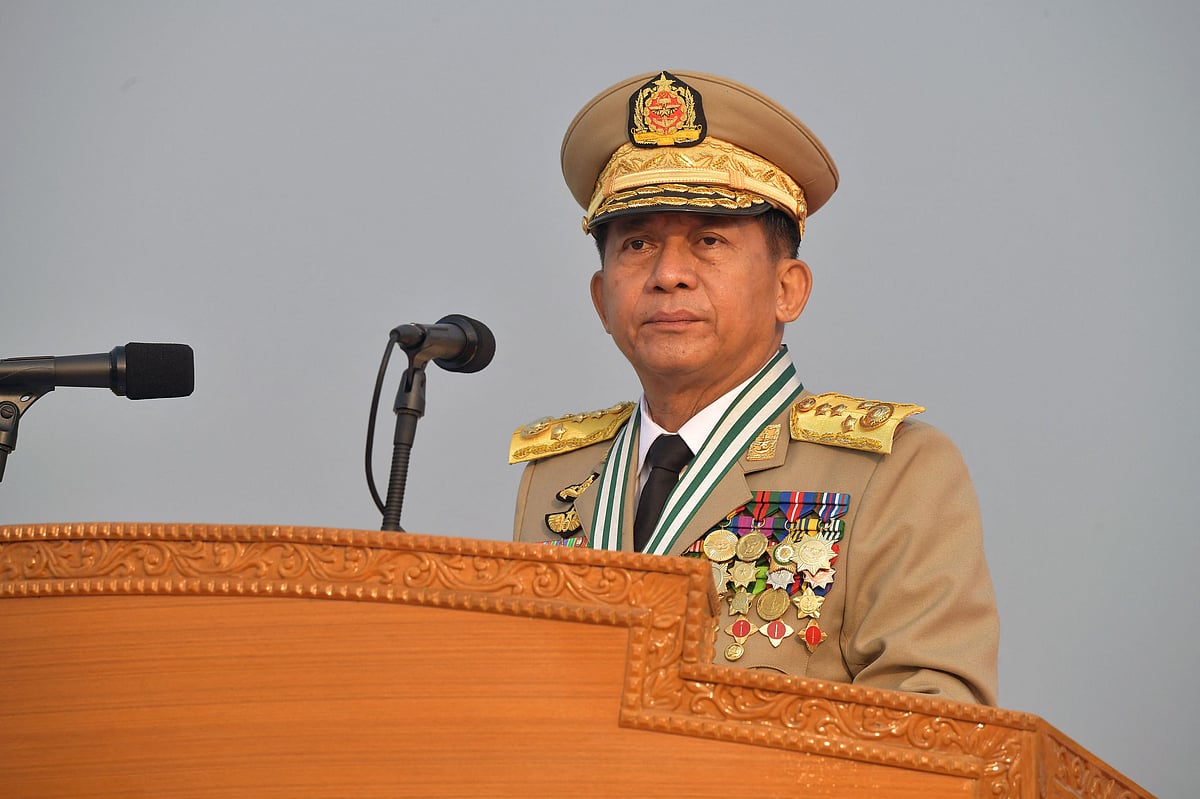 This handout photo taken and released on 27 March, 2022 by the Myanmar Military Information Team shows Myanmar's military chief Min Aung Hlaing attending a ceremony to mark the country's 77th Armed Forces Day in Naypyidaw.